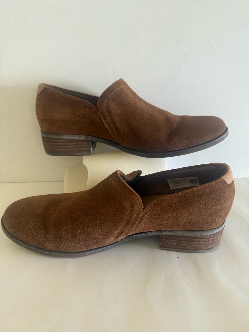 Tom's brown faux suede slip on chunky heel loafers womens